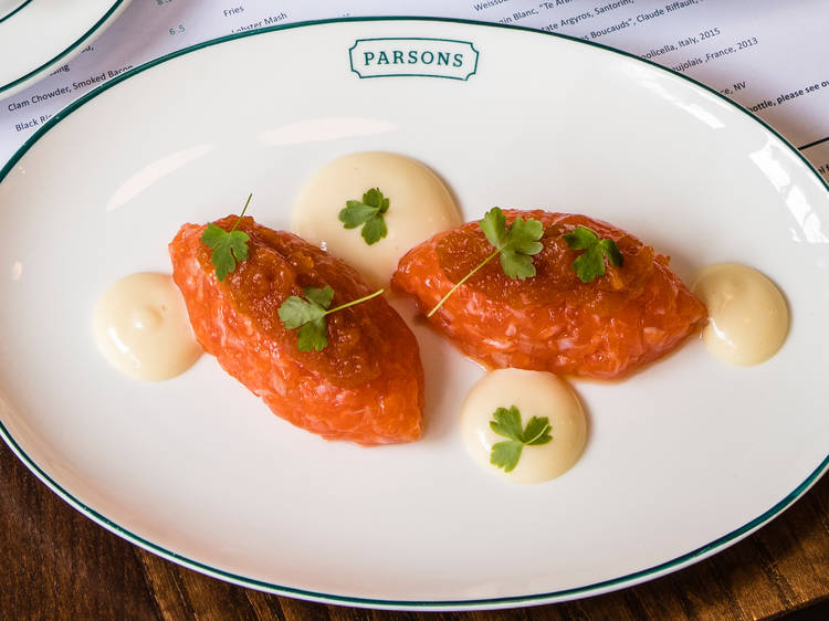Sea trout tartare with bloody mary jelly at Parson’s