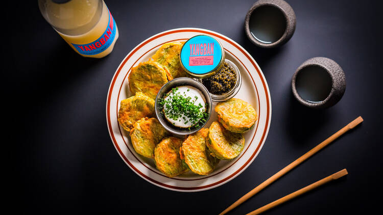 Yangban latkes with caviar and creme fraiche